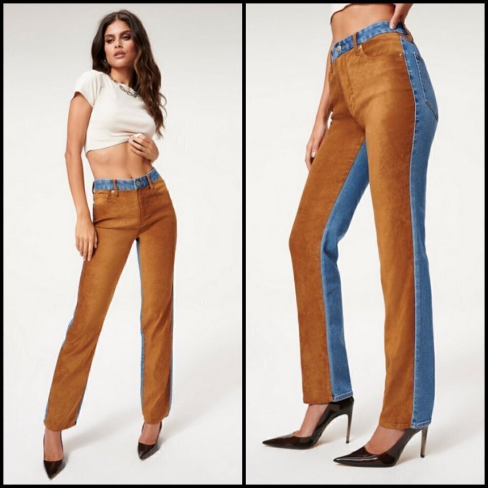 💕GOOD AMERICAN💕 Good Icon Suede Mixing Indigo081 Blue Denim Brown Suede 28 NWT